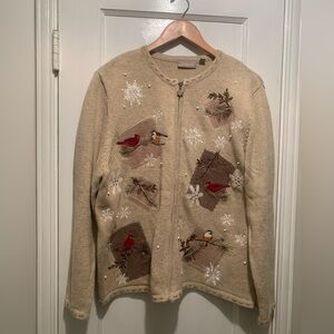 Croft & Barrow Embroidered Cardinal Winter Zip Cardigan Silk Blend Patchwork XL